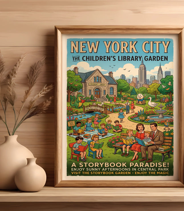 New York City Children's Library Garden poster with families reading outdoors.