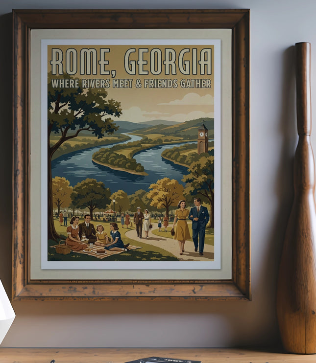 Vintage poster of Rome, Georgia, showing a river, clock tower, and people picnicking.