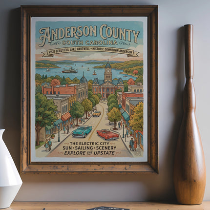 Anderson County South Carolina vintage travel poster featuring downtown Anderson and Lake Hartwell.