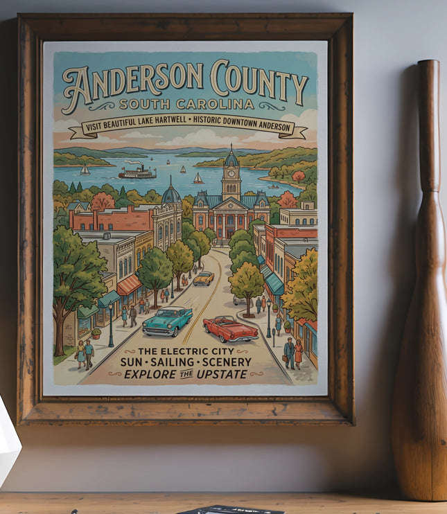 Anderson County South Carolina vintage travel poster featuring downtown Anderson and Lake Hartwell.