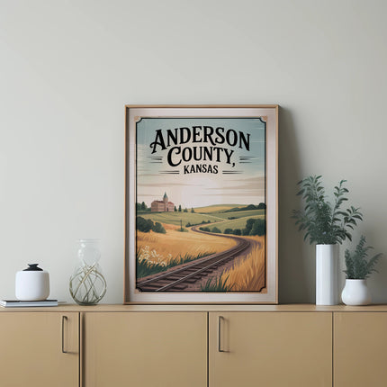 Framed "Anderson County, Kansas" print with train tracks and rolling hills.