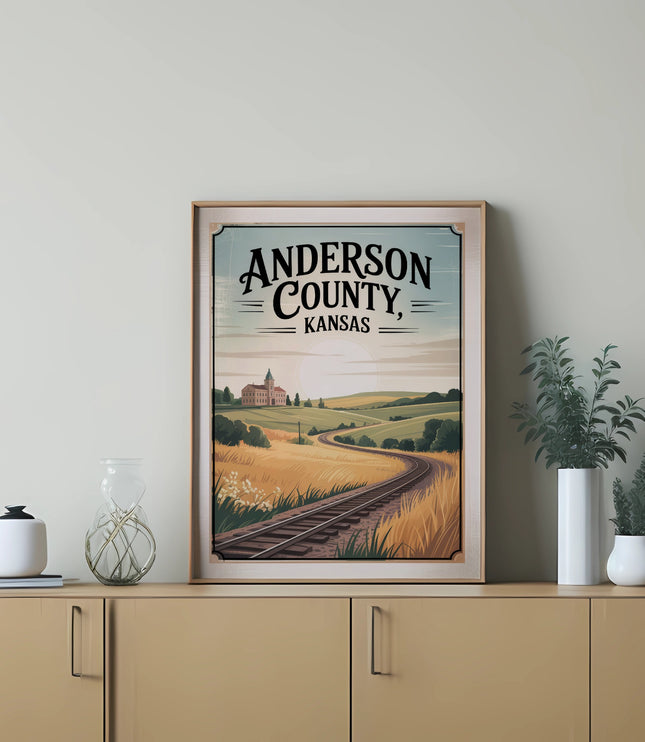 Framed "Anderson County, Kansas" print with train tracks and rolling hills.