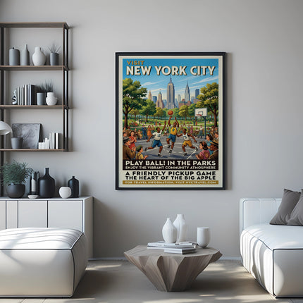 Poster for New York City featuring a basketball game in a park.