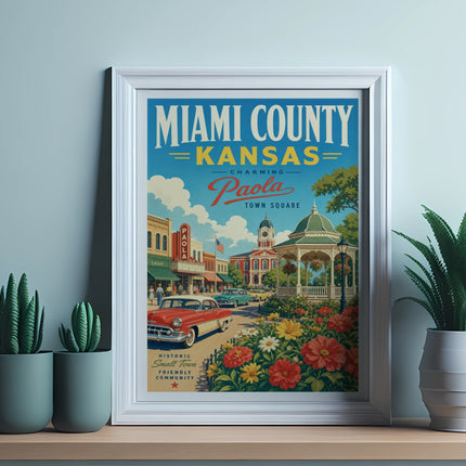 Miami County, Kansas charming Paola Town Square vintage poster.