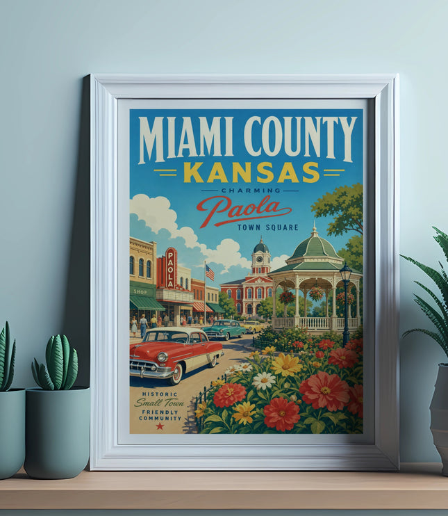 Miami County, Kansas charming Paola Town Square vintage poster.