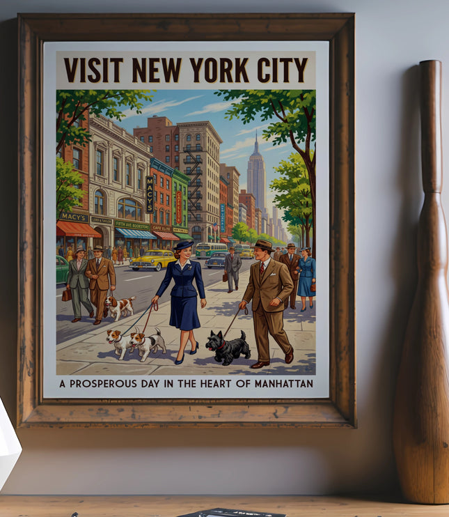Vintage poster depicting a prosperous day in New York City with people and dogs.