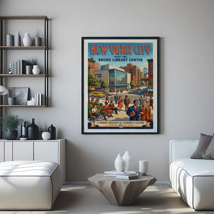 New York City poster for the Bronx Library Center, featuring people and buildings.