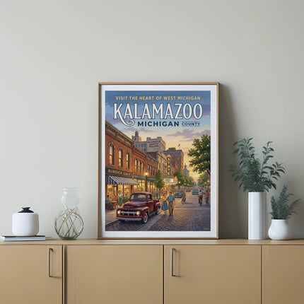 Kalamazoo, Michigan county illustration with vintage pickup truck and street scene.