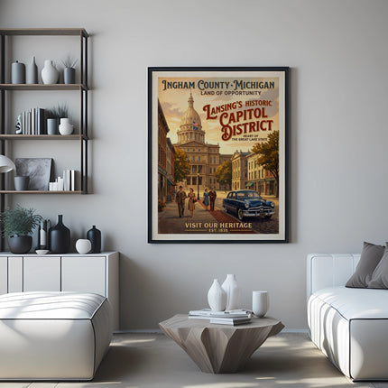 Ingham County, Michigan Capitol District poster with classic car and people.