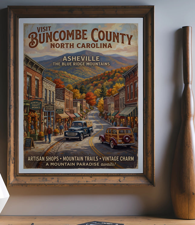 Vintage poster of Asheville, Buncombe County with autumn trees and mountains.