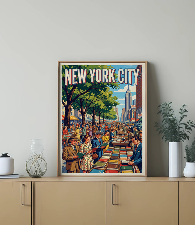 Vintage New York City street scene poster with people browsing books.