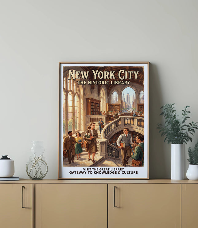 Vintage New York City Historic Library poster featuring people on stairs reading books.