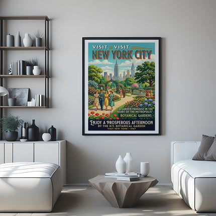 Vintage New York City Botanical Gardens travel poster, featuring a garden scene.