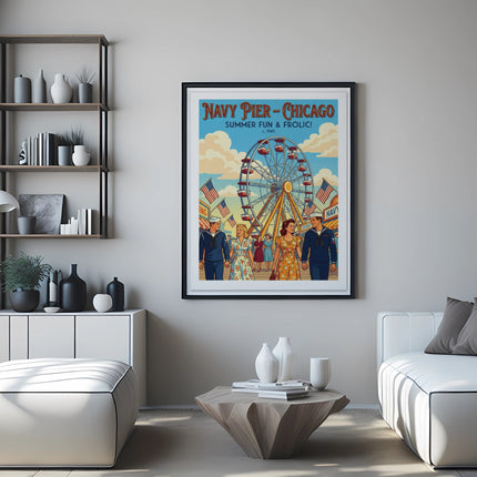 Navy Pier Chicago poster with Ferris wheel and couple, circa 1945.
