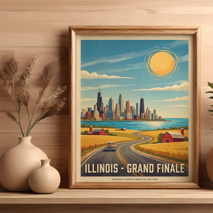 Framed Illinois Grand Finale travel poster with city skyline and sun.