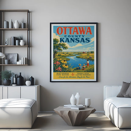 Ottawa County, Kansas vintage travel poster with a scenic river landscape and text.