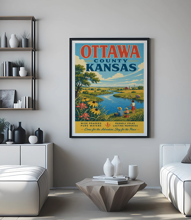 Ottawa County, Kansas vintage travel poster with a scenic river landscape and text.