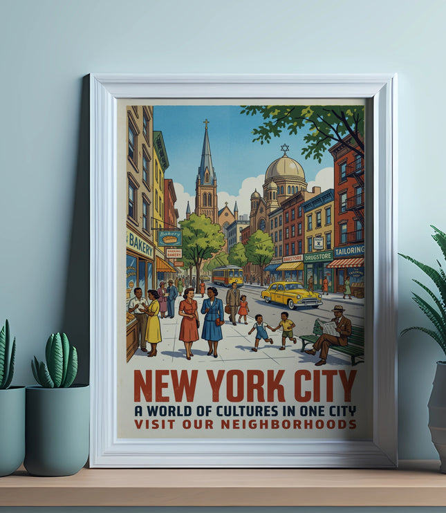 New York City poster depicting a street scene with buildings, people, and text.