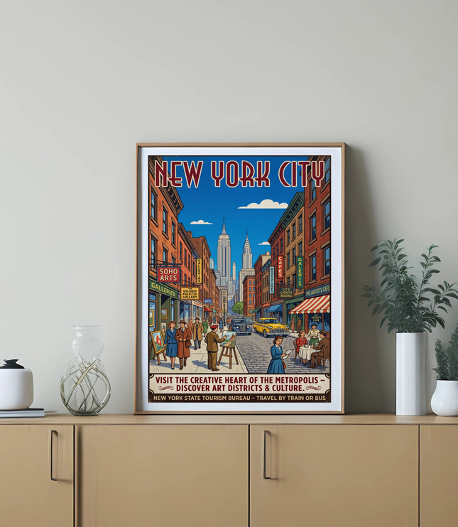 "New York City" vintage travel poster featuring street scene with Empire State Building.