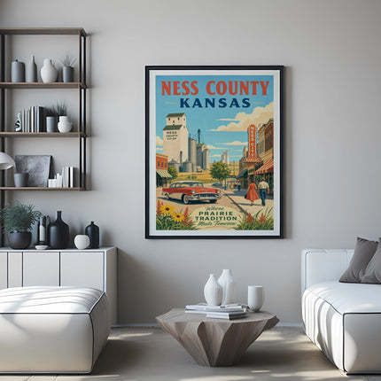 Ness County Kansas poster featuring prairie tradition and Ness City.