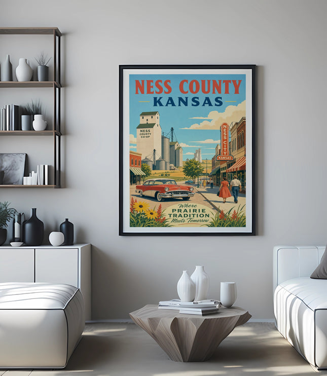 Ness County Kansas poster featuring prairie tradition and Ness City.