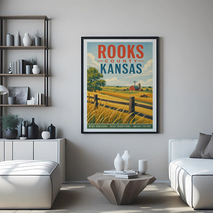 Vintage poster for Rooks County, Kansas, featuring a farm scene.