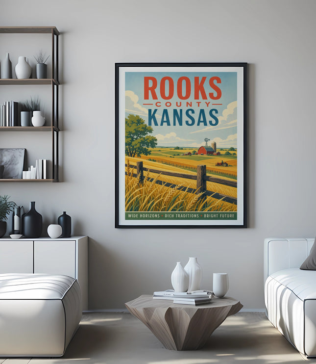 Vintage poster for Rooks County, Kansas, featuring a farm scene.