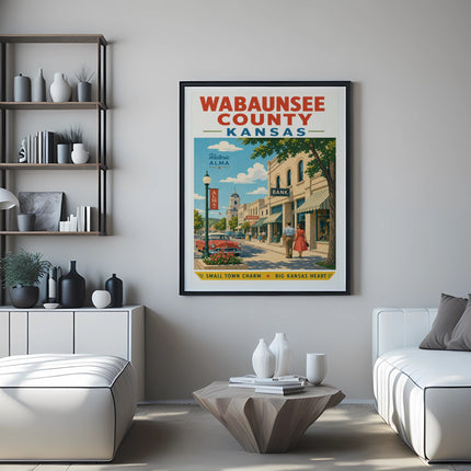 Wabaunsee County Kansas poster showing Historic Alma main street with shops and bank.