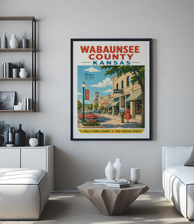 Wabaunsee County Kansas poster showing Historic Alma main street with shops and bank.