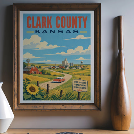 Clark County Kansas travel poster with red car, sunflower, and farmhouse.