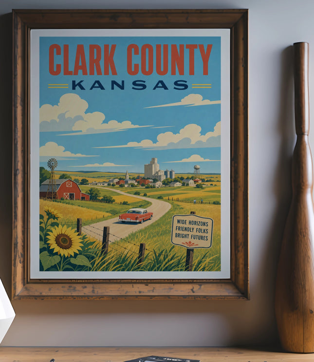 Clark County Kansas travel poster with red car, sunflower, and farmhouse.