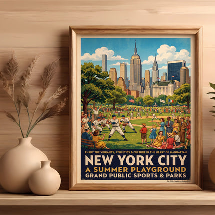 New York City summer playground poster with baseball players and cityscape.