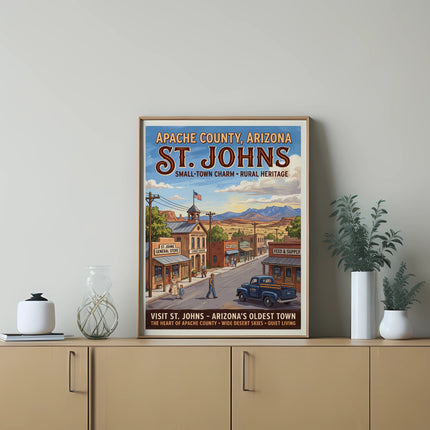 Vintage St. Johns, Arizona travel poster depicting a small town street scene.
