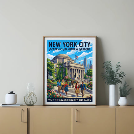 New York City academic grandeur and gardens poster with people walking.