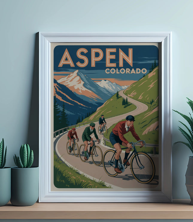 Illustration of cyclists on a mountain road in Aspen, Colorado.