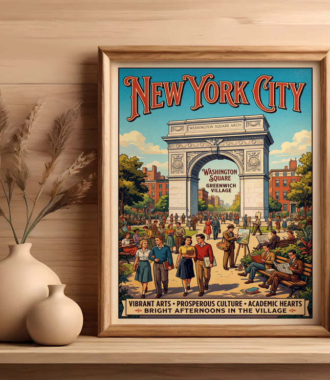 New York City poster featuring Washington Square Arch and village scenes.