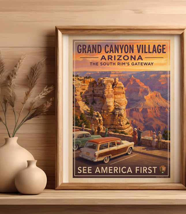 Grand Canyon Village, Arizona retro travel poster with vintage cars and sunset view.