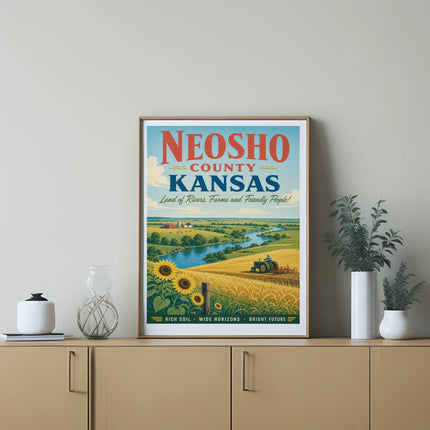 Neosho County, Kansas landscape poster with sunflowers and text.