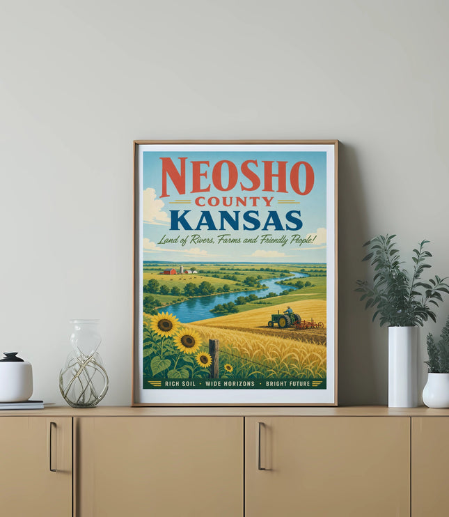 Neosho County, Kansas landscape poster with sunflowers and text.