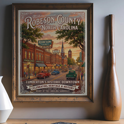 Robeson County North Carolina historic downtown vintage poster with cars and storefronts.