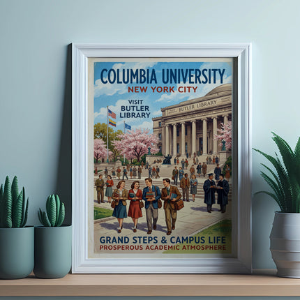 Vintage poster for Columbia University's Butler Library with campus life scene.