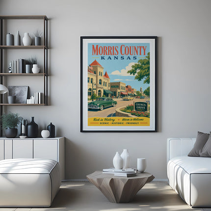 Morris County Kansas Council Grove vintage travel poster with street scene.
