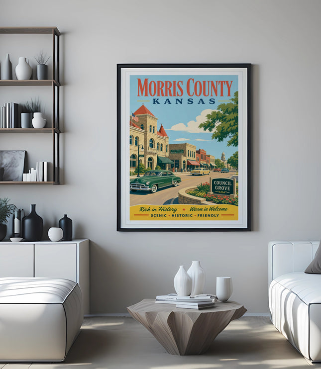 Morris County Kansas Council Grove vintage travel poster with street scene.