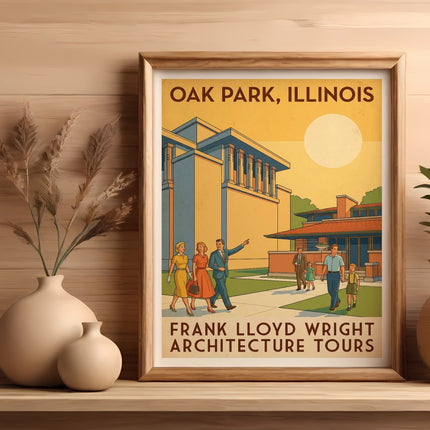 Frank Lloyd Wright Architecture Tours poster with figures and buildings.