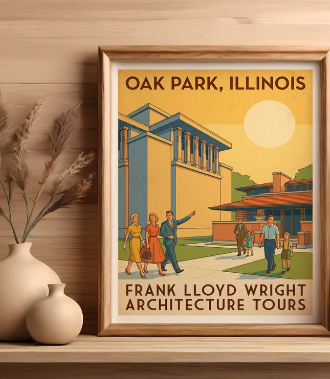 Frank Lloyd Wright Architecture Tours poster with figures and buildings.