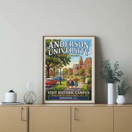 Anderson University South Carolina historic campus vintage travel poster.