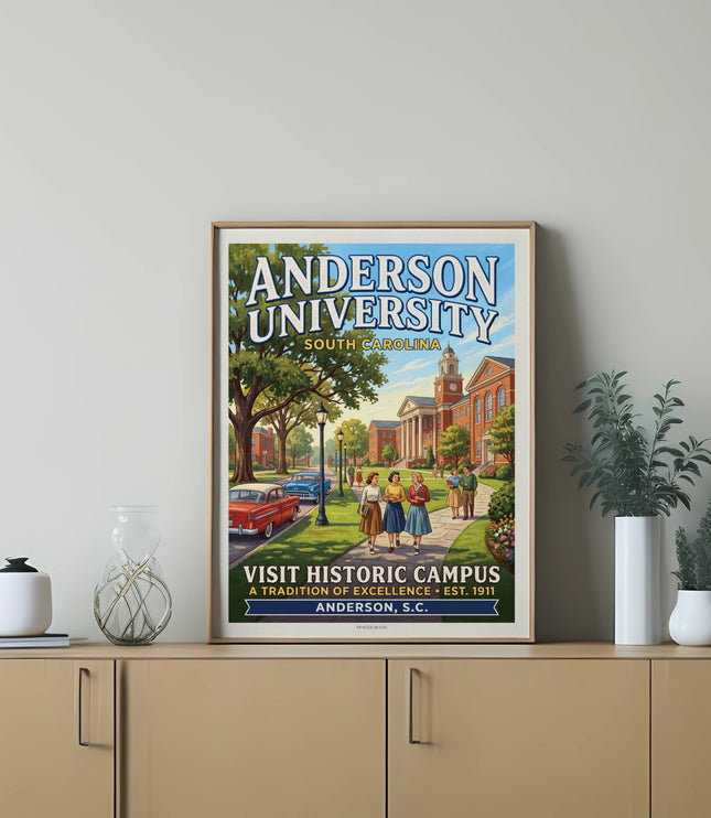 Anderson University South Carolina historic campus vintage travel poster.