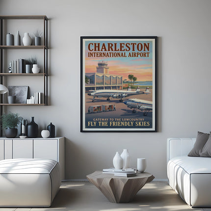 Charleston International Airport retro travel poster with planes and cityscape.