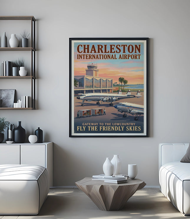 Charleston International Airport retro travel poster with planes and cityscape.