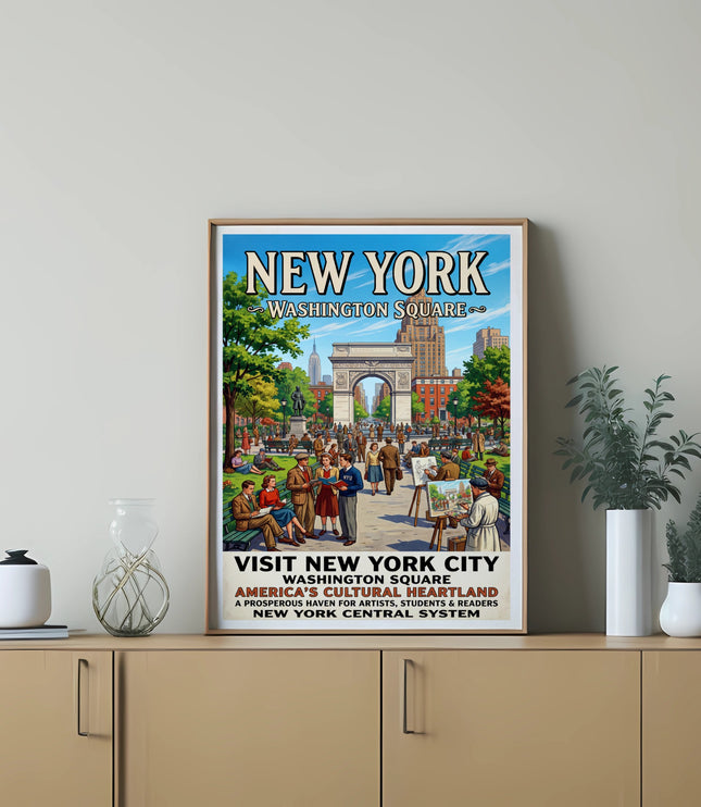 Vintage poster titled "New York Washington Square" depicting Washington Square Arch and people.